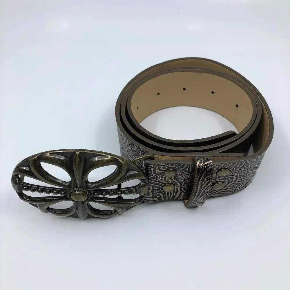 Women’s Brown Faux Leather Belt w/ Antique Gold Buckle, 28-36.5 Inches, X7G9A747